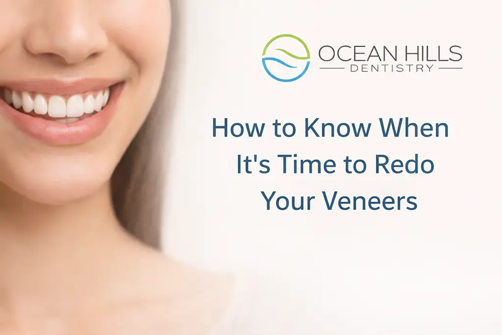 Decorative graphic of woman with a perfect smile with quote, "How to know when its time to redo Veneers"