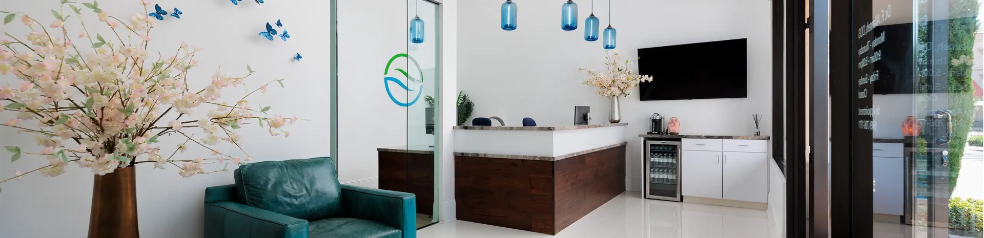 Inside the front reception area of the Ocean Hills Dentistry office in Newport Beach, CA.